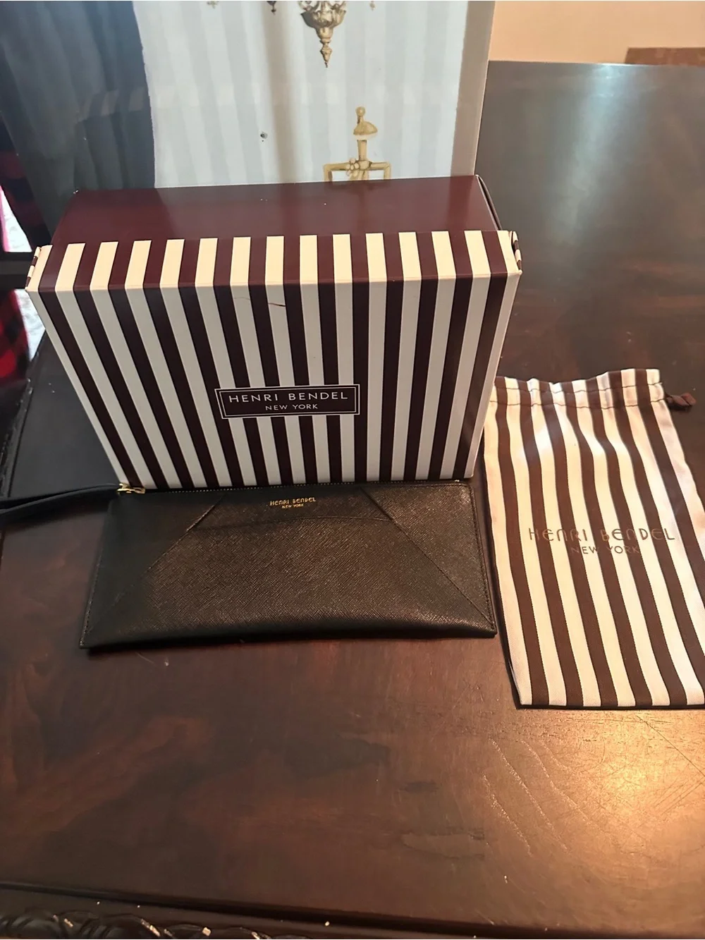 henri bendel Black Leather Zip Wallet with Gold Hardware